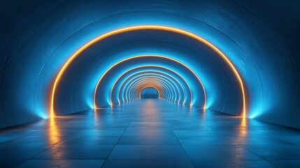 Obraz premium Futuristic tunnel illuminated with blue and orange lights, creating a vibrant atmosphere
