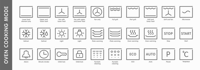 Oven cooking mode black line icon set including top, bottom heating, convection, grill, defrosting and more. Oven mode settings symbols. Vector illustration