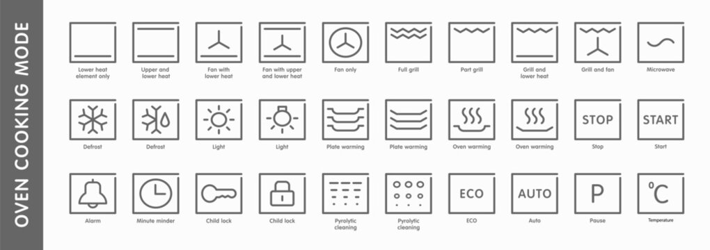 Oven cooking mode black line icon set including top, bottom heating, convection, grill, defrosting and more. Oven mode settings symbols. Vector illustration