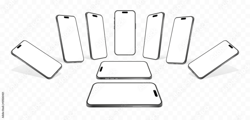 Poster premium realistic smartphone mockup: front, side, top, and perspective views - 3d mobile phone vecto