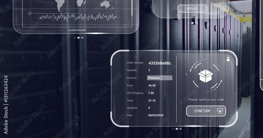 Poster in school, animation of digital transaction interface with data charts and button