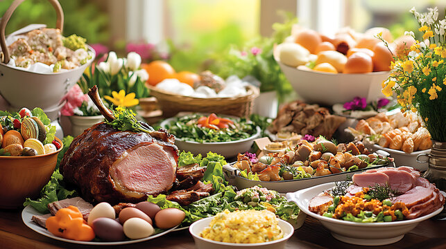 A traditional Easter dinner scene featuring a bountiful table laden with succulent dishes, roasted lamb, Easter ham, colorful salads, festive centerpiece, smiling family members enjoying the 
