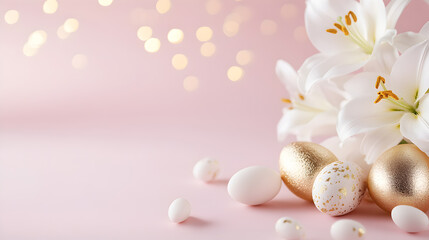 Soft pink Easter background with white lilies, golden eggs, and delicate bokeh lights. Ideal for festive branding, social media posts, or holiday invitations. Selective focus
