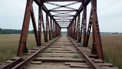 rough metal bridge spans distant landscape quietly crumbling