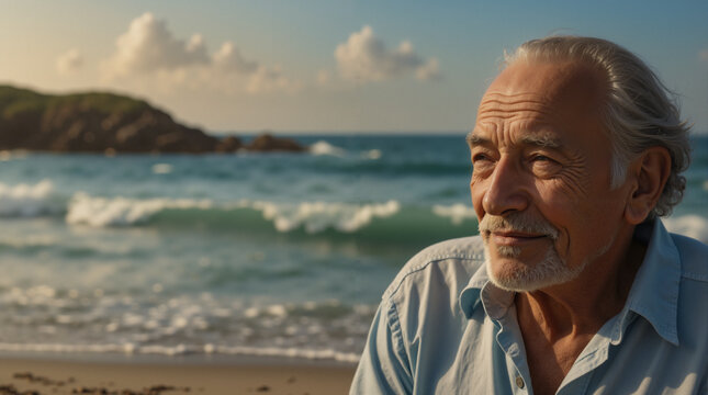 Serene Senior Man Contemplates Ocean Waves: Retirement Lifestyle Portrait