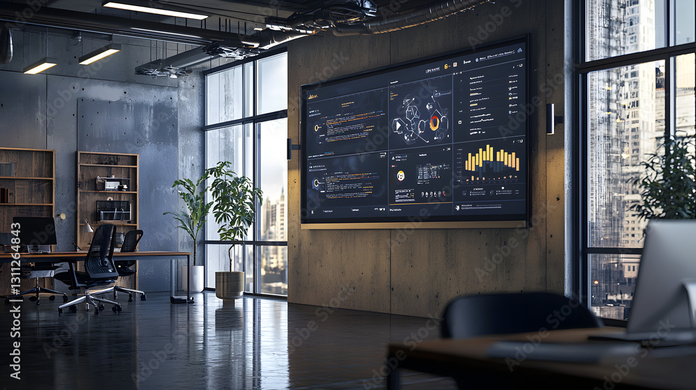 Poster showcasing advanced presentation software interface modern office digital display urban environment 
