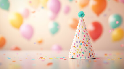 Colorful party hat with festive balloons in the background