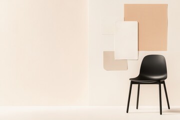 Wall with a design inspiration collage, in an empty office with a chair, sparking creativity in a business scene