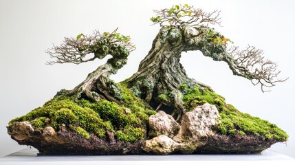 Ancient bonsai tree on moss-covered rock.