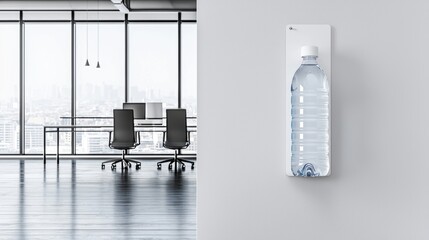 Wall with a hydration chart, in an empty office with a water bottle, fostering health in a business environment