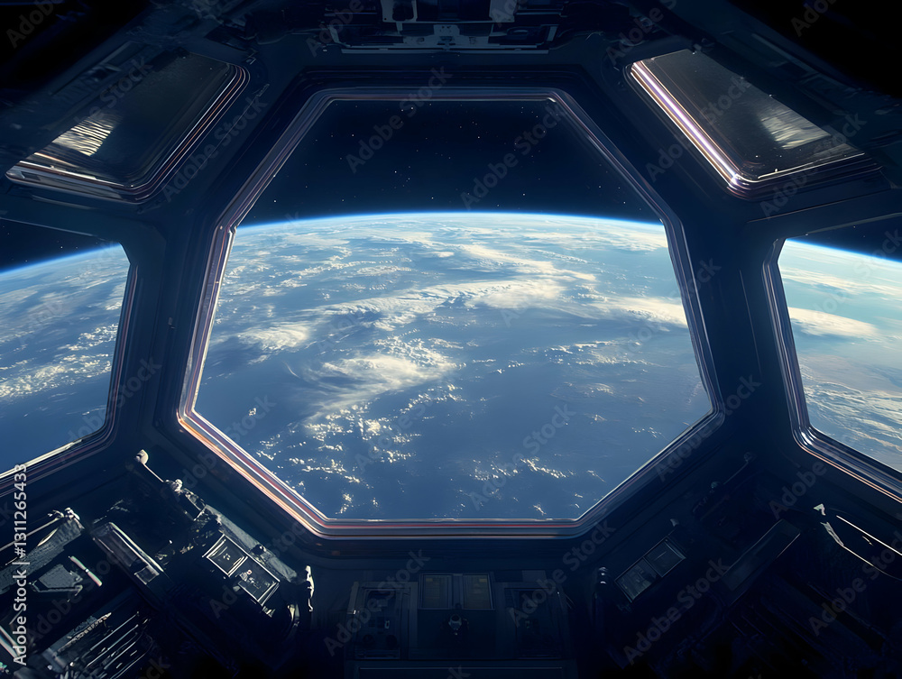 Poster realistic planet view from spaceship window photograph with deep