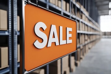 Wall with a Sale text banner, in an empty store with racks, promoting deals in a retail business environment