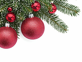 Naklejka premium Red Christmas Ornaments Pine Branch Backgrounds and Textures of