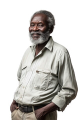 Obraz premium Elderly man with gray beard standing confidently on white background, showcasing wisdom and experience, perfect for retirement, lifestyle, and diversity themes.