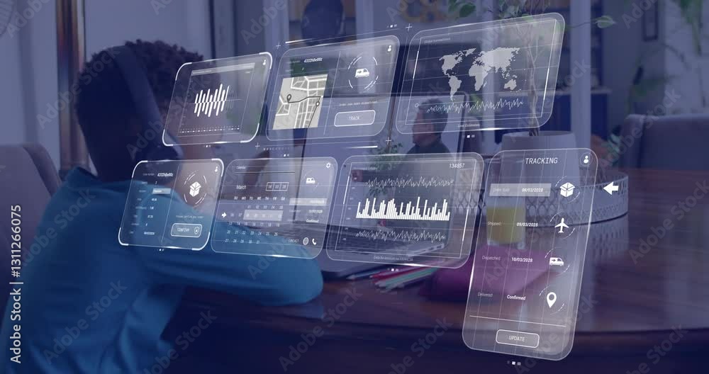 Poster animation of digital data overlaying people working at table in modern office