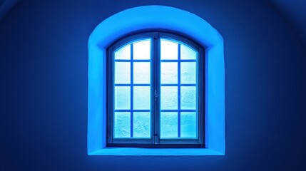 Fototapeta premium Blue-lit arched window with frosted glass panes.
