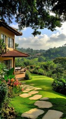 Picturesque view of a house and its beautiful landscaped garden