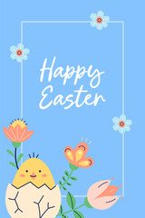 Cute poster With chicken and flowers for Happy Easter holiday. Design with text on blue background. Happy Easter hand drawn card. Flat illustration with partial outline. Vector illustration.