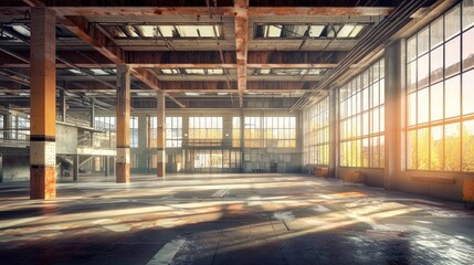 Sunlit empty industrial warehouse interior.