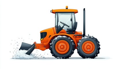 A vibrant orange tractor with a snow plow, ideal for winter scenery and agricultural themes, showcasing snowy conditions.