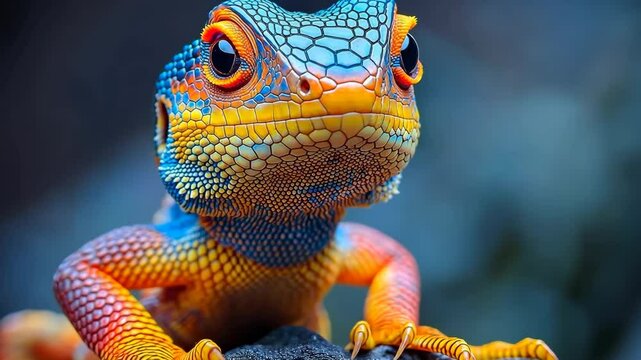 Colorful lizard with blue and yellow markings on its face is staring at the camera. The lizard is sitting on a rock, and its bright colors make it stand out against the background