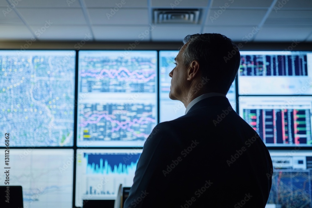 Poster a man is looking at a computer monitor with many screens