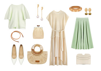 Light fashion beautiful elegant women's clothes set isolated on white, female clothing collage,...