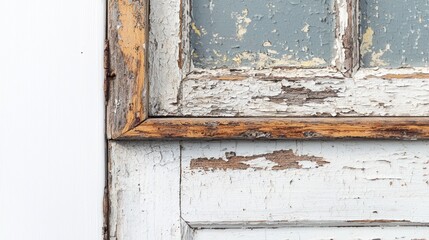 Naklejka premium Weathered white wood window frame with peeling paint.