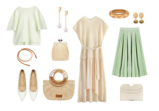Light fashion beautiful elegant women's clothes set isolated on white, female clothing collage, beige green spring apparel, stylish garment.