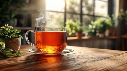 Warm cup of tea on a wooden table, sunlight streaming through windows, plants in background