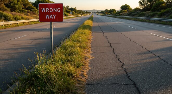 Wrong Way Sign on Highway Edge with Sunrise Light and Greenery
