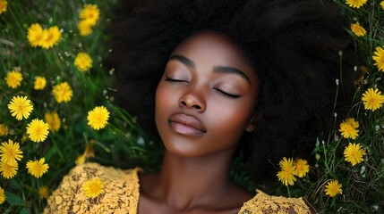 Peaceful Woman with Afro Hairstyle in a Field of Yellow Flowers