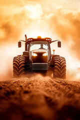 A tractor cultivates the rich soil at dawn, stirring up dust that dances in the warm sunlight. This moment captures the essence of agricultural dedication and the beauty of nature
