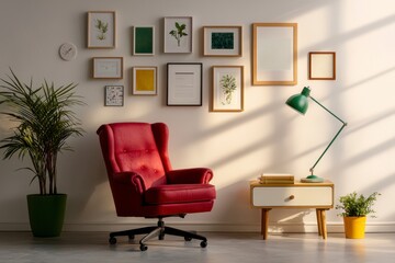 Artistic minimalist home office featuring a chair and table with a plant and gallery wall creating a unique vibe