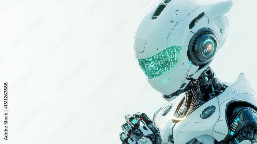 Poster futuristic robot with digital display against light background