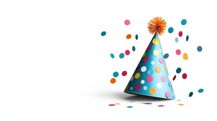 Obraz premium A vibrant party hat surrounded by colorful confetti, perfect for celebrations and festive occasions.