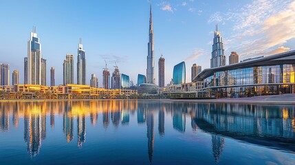 Naklejka premium Dubai skyline reflected in calm water at sunrise.