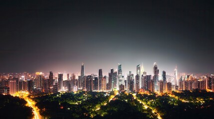 Fototapeta premium Serene nighttime cityscape view featuring twinkling lights and urban architecture in a high perspective shot