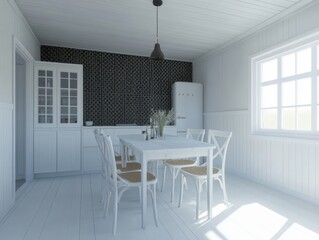 White Scandinavian Kitchen Dining Area
