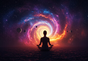 Young woman in yoga meditation with lights of Chakras, shiny mystic galaxy background with glowing stars, the deep cosmic night space 4k wallpaper
