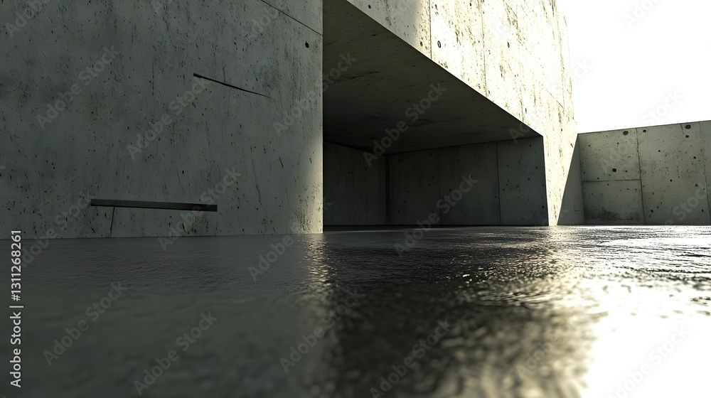 Poster modern architectural structure with smooth reflective water surface, showcasing minimalistic design 