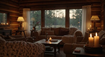 Fototapeta premium Cozy Cabin Living Room with Warm Candles and Forest View