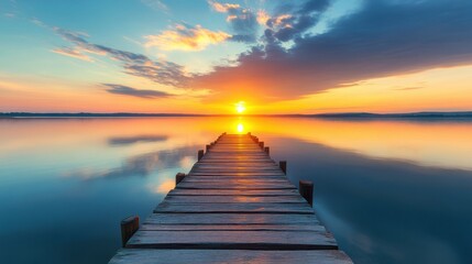 Naklejka premium Sunset view from a wooden pier on a calm lake