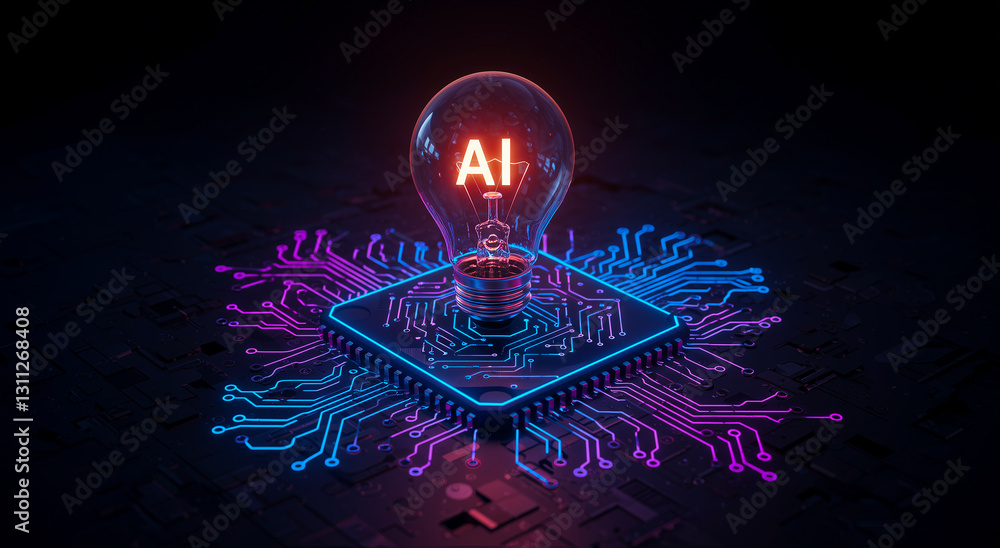 Poster glowing ai lightbulb on microchip, artificial intelligence innovation concept, futuristic digital te