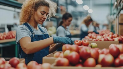 Workers sorting apples in a fresh produce warehouse