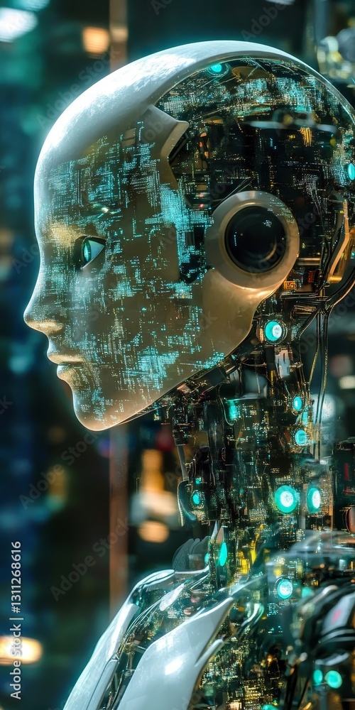 Poster futuristic robot displaying advanced technology and digital interface