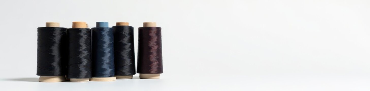 Neatly stacked black thread spools on white background, black spools, manufacturing