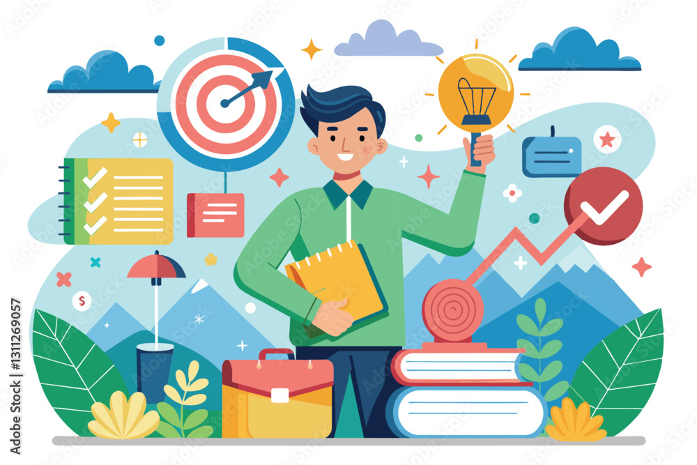 Aufkleber a person holds a lightbulb while surrounded by items representing goal setting and productivity outd