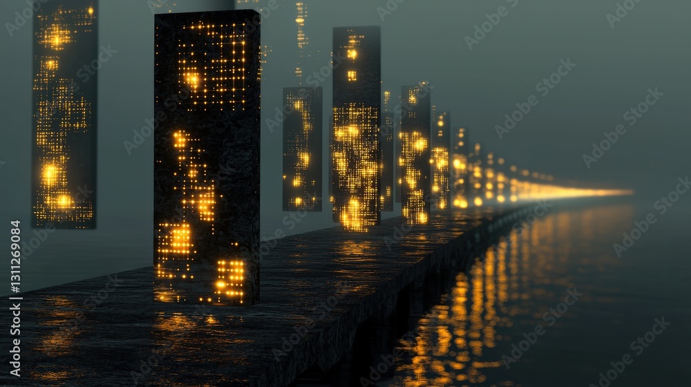 Poster a bridge with transparent panels glowing with virtual symbols.