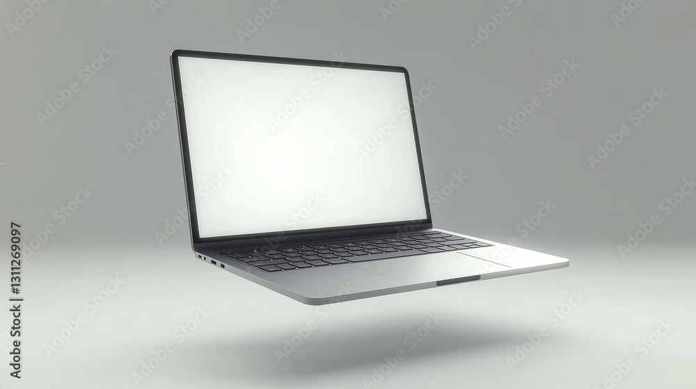 Poster a laptop with a blank screen floating on a smooth surface with no background. ai generated images